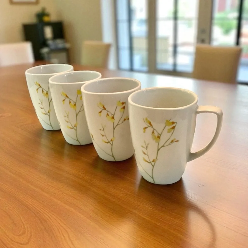 Corelle Kobe Porcelain Coffee Cups Yellow Floral Stems • Set Of 4 Mugs - Picture 7 of 7
